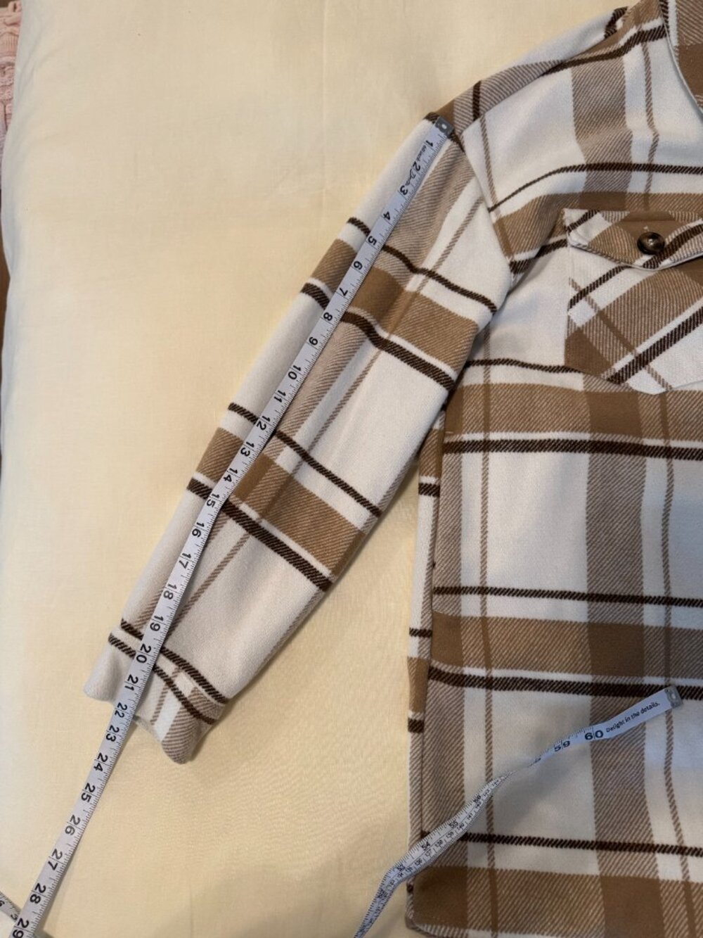 Love Tree Plaid Shacket Coat S Cream Tan Oversized Button Front Jacket - Picture 7 of 10